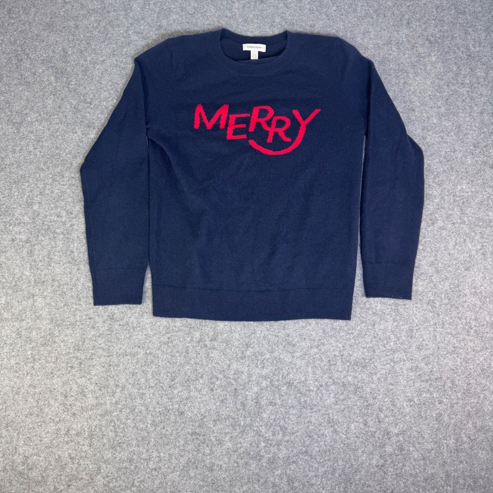 Nordstrom Cashmere Sweater Womens Small Navy Blue Excellent Merry Intarsia Knit